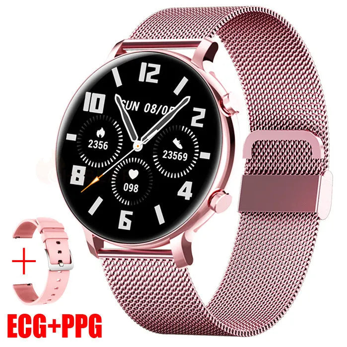 Bluetooth smartwatch with stainless steel strap on wrist, showing call and heart rate interface.