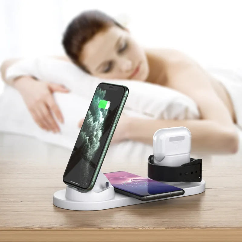 Black and white 6-in-1 wireless charging mobile phone holder showing adjustable stand and charging ports