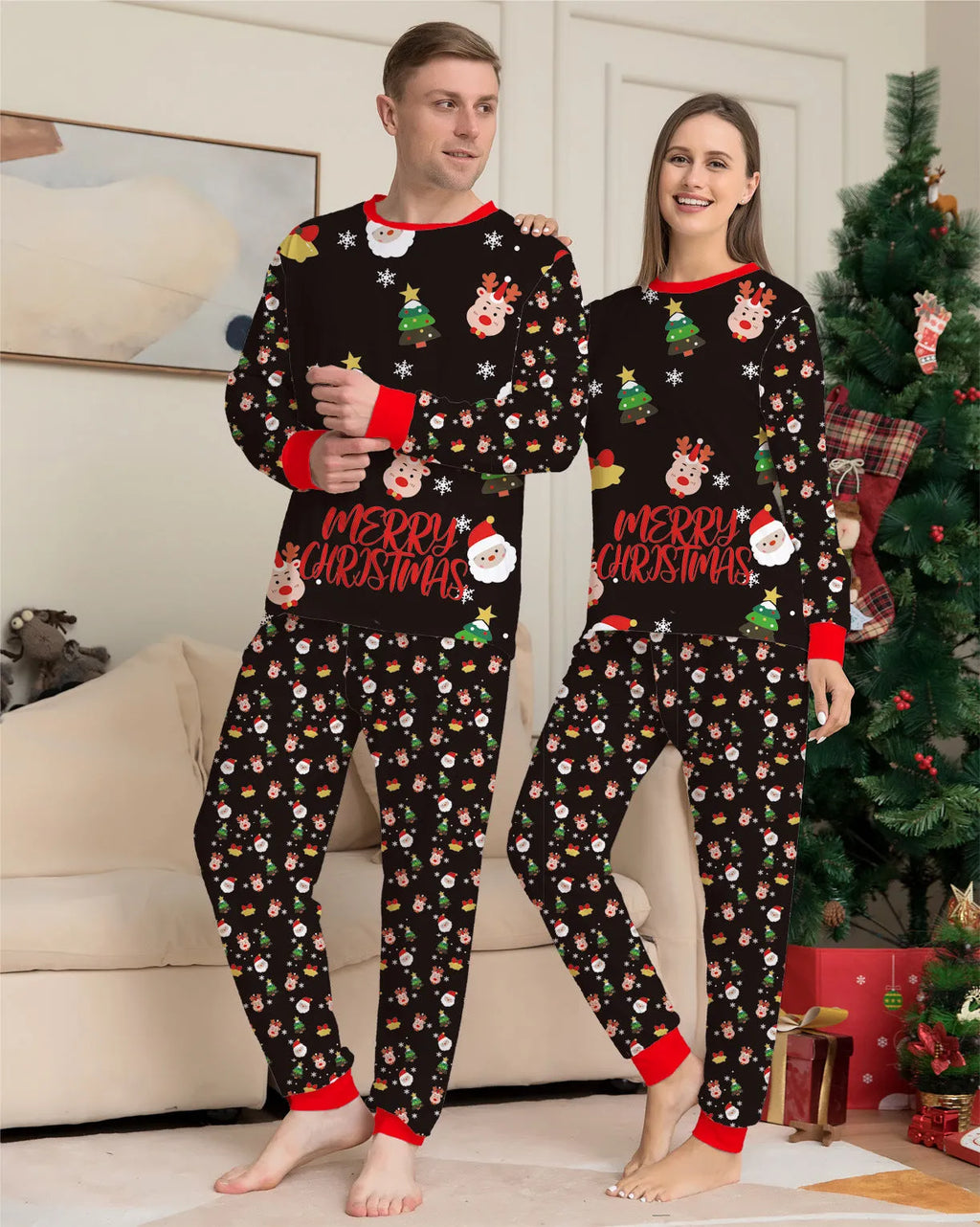 Family matching Christmas pyjamas set in cotton with plaid and cartoon designs for adults, children, babies and dogs