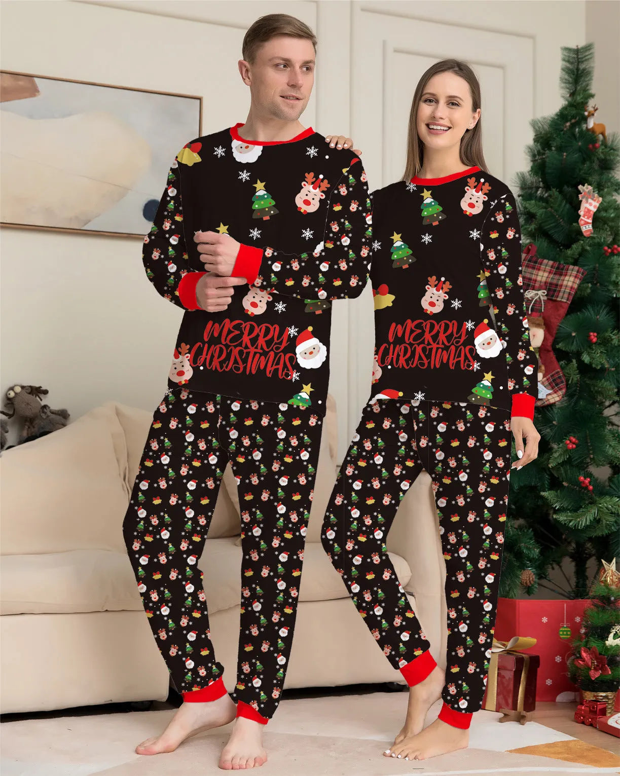 Family matching Christmas pyjamas set in cotton with plaid and cartoon designs for adults, children, babies and dogs