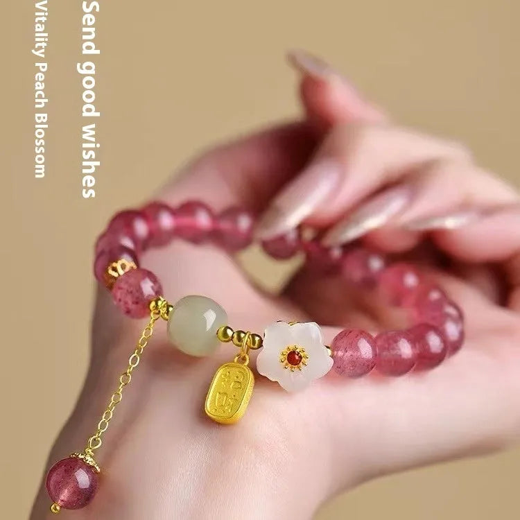 Handmade strawberry quartz crystal bracelet with green crystal moon charms for girls