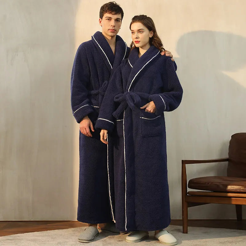 Man and woman wearing matching thick plus size flannel bathrobes in Angola red, winter nightgown pajamas.