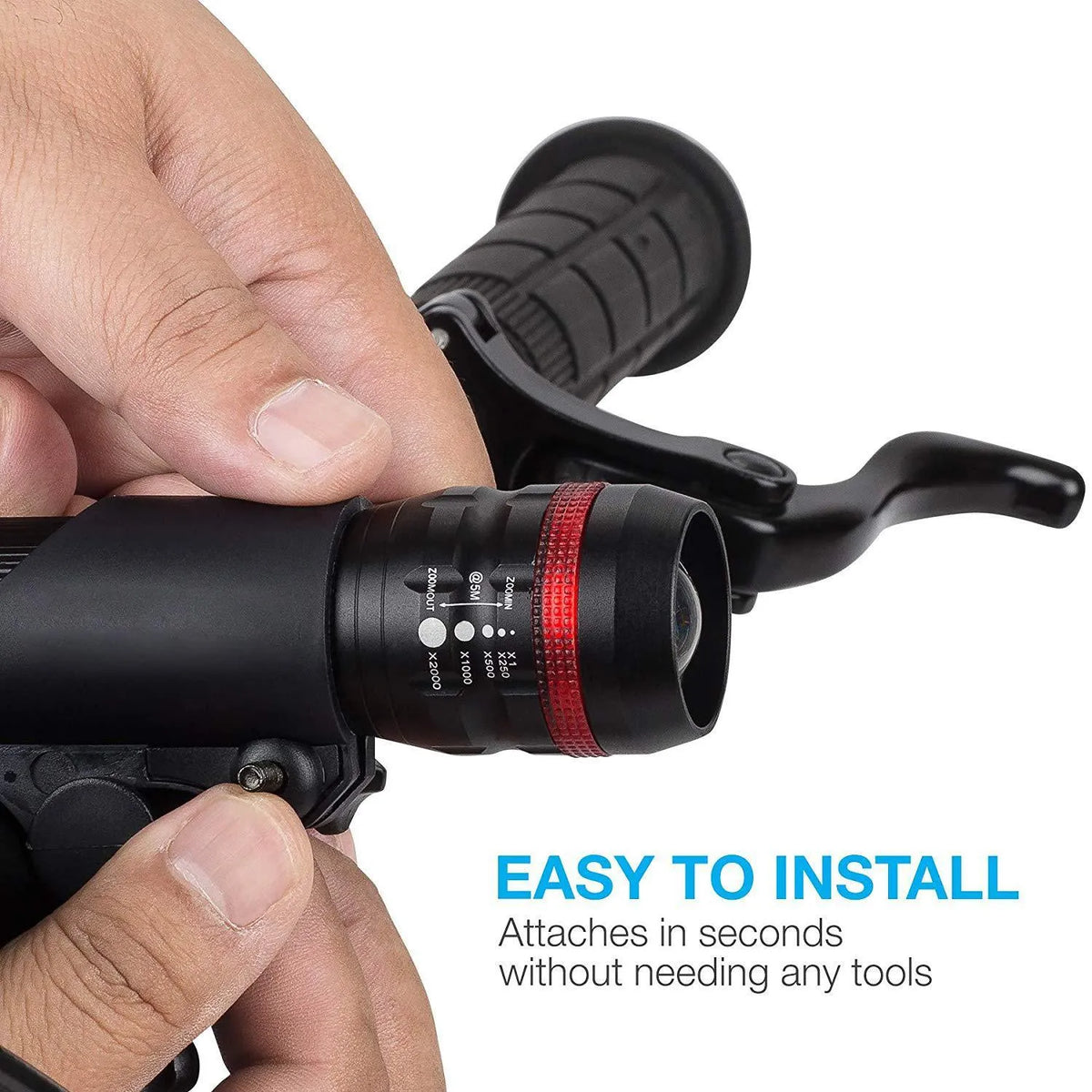 Bicycle headlight and taillight safety set with mounting bracket on a bike handlebar.