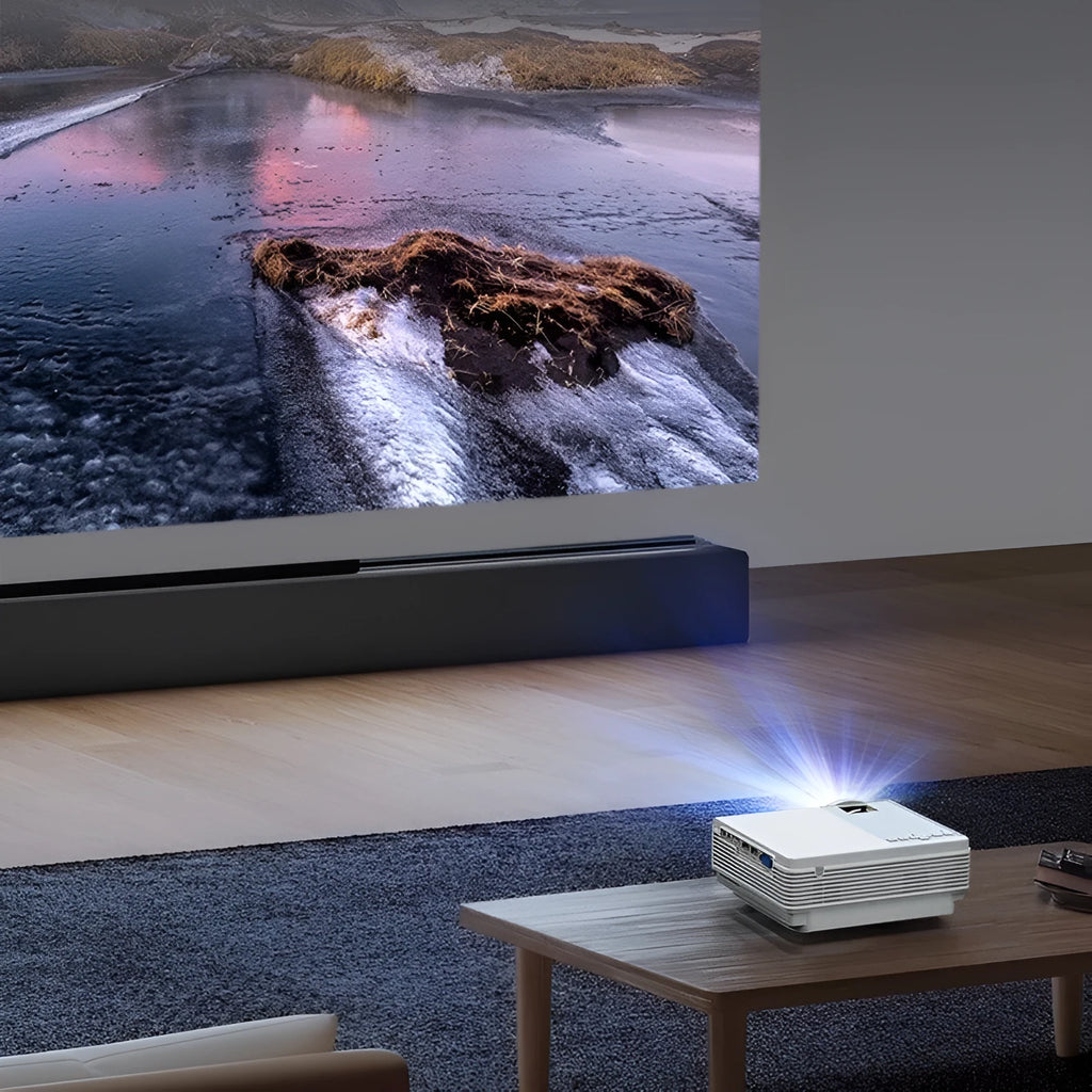 Portable HD projector in white with 1080p resolution and compact 185x199x75mm design
