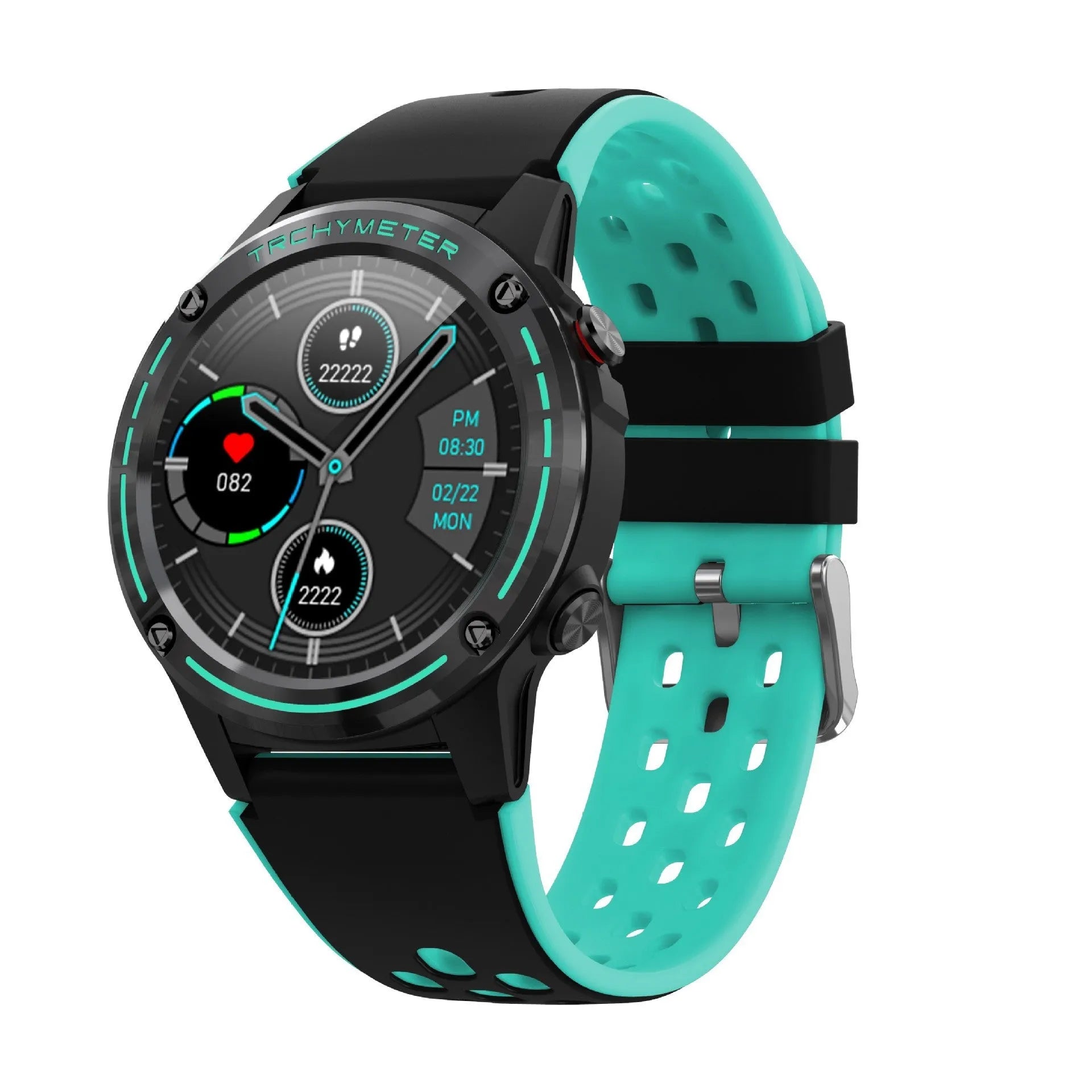 GPS smart watch with silicone strap in blue, black, cyan, or silver black colours showing 49mm dimensions