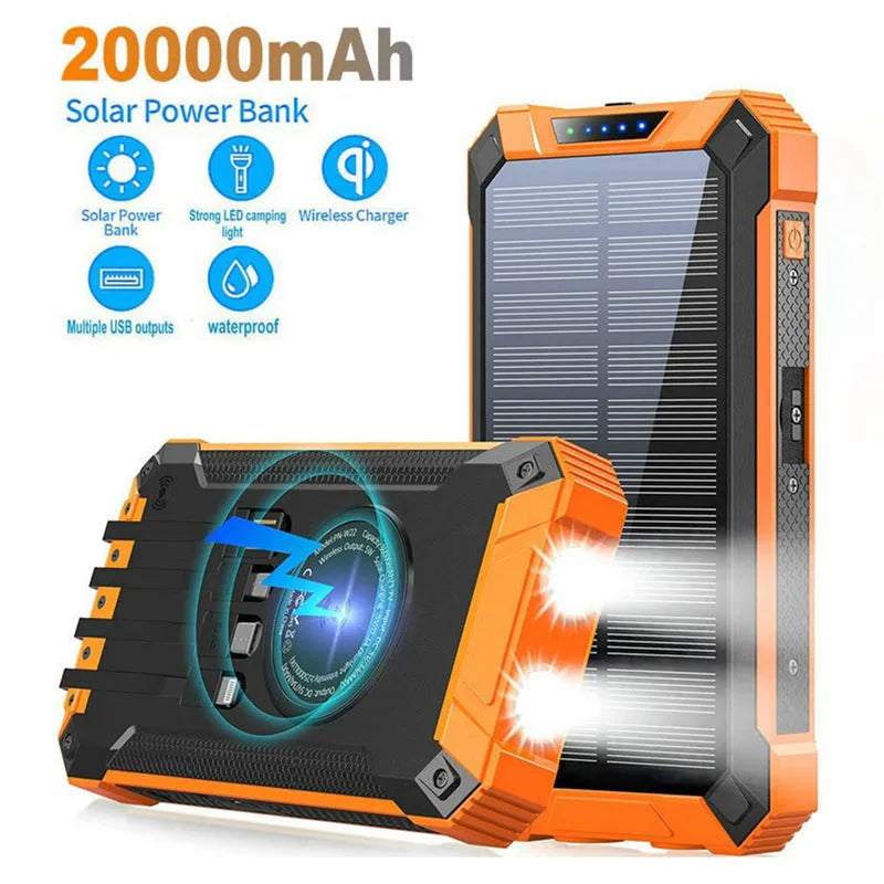 Solar wireless power bank in orange black, 173 x 89 x 28mm plastic shell, 10000mAh or 20000mAh capacity