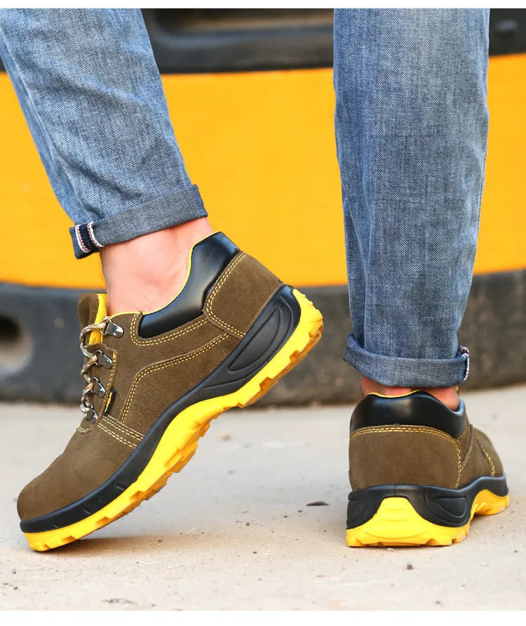 Bronze cowhide steel toe safety shoes with low-cut design and non-slip sole