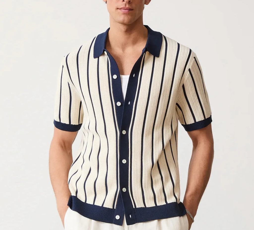 Men's white asymmetric knitted top with short sleeves and lapel neckline in British style