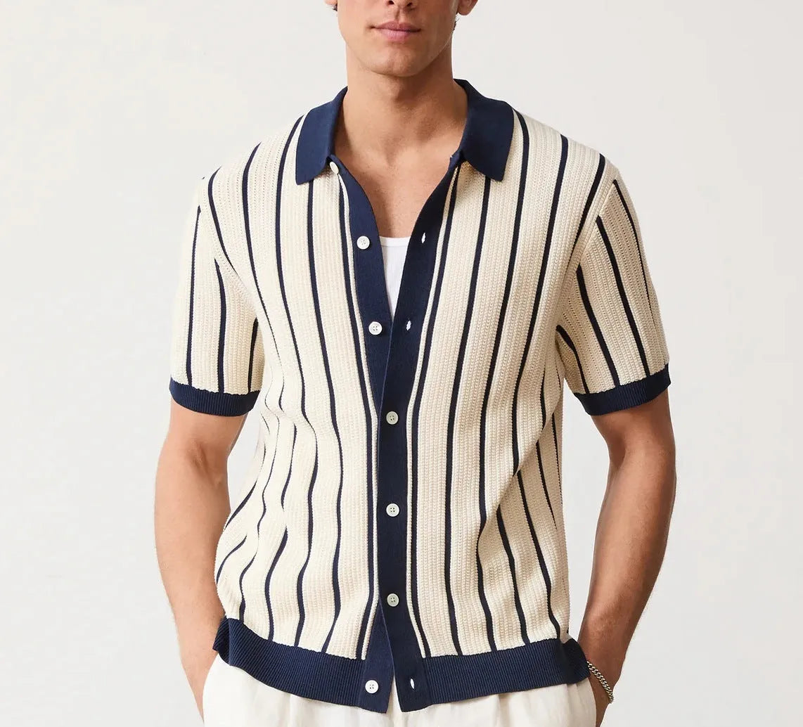 Men's white asymmetric knitted top with short sleeves and lapel neckline in British style