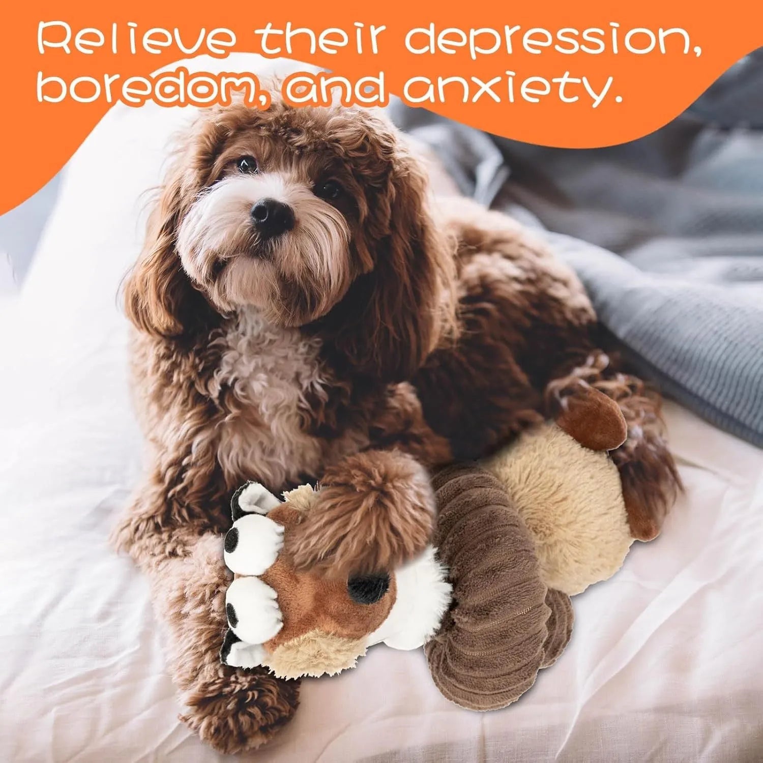 Brown plush dog toy with foldable design, showing squeaker and crinkle features.