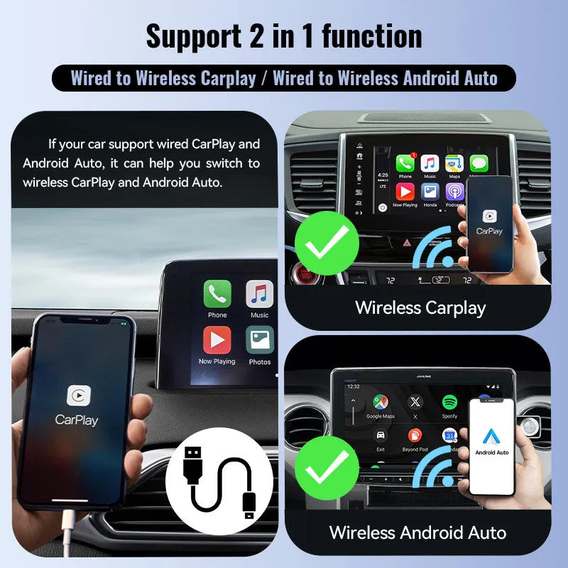 Small black 2-in-1 USB car adapter for wireless CarPlay and data transfer on a dark surface.