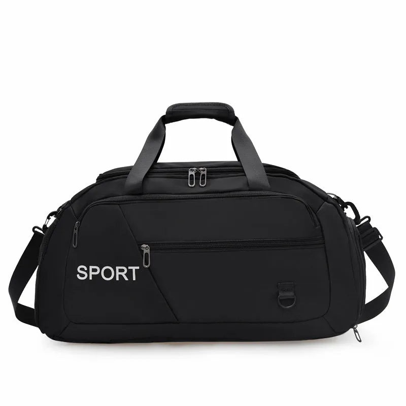 Large capacity nylon gym bag with dry wet separation, available in black, green, pink, blue, and gray for women