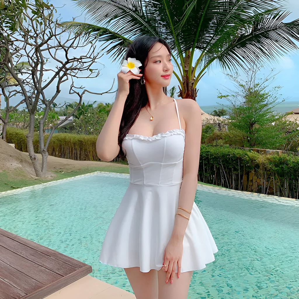White one-piece skirt swimsuit for women with hollow out detail, nylon fabric, sizes M L XL