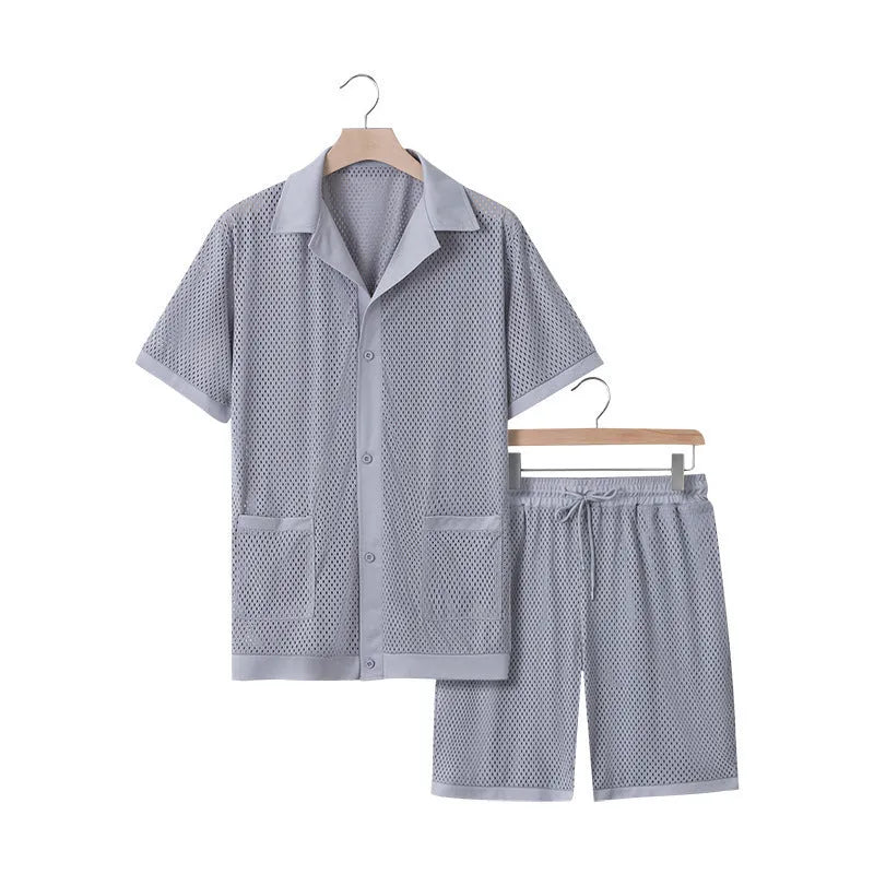 Lightweight beach cover-up cardigan and shorts set in see-through fabric for summer leisure wear