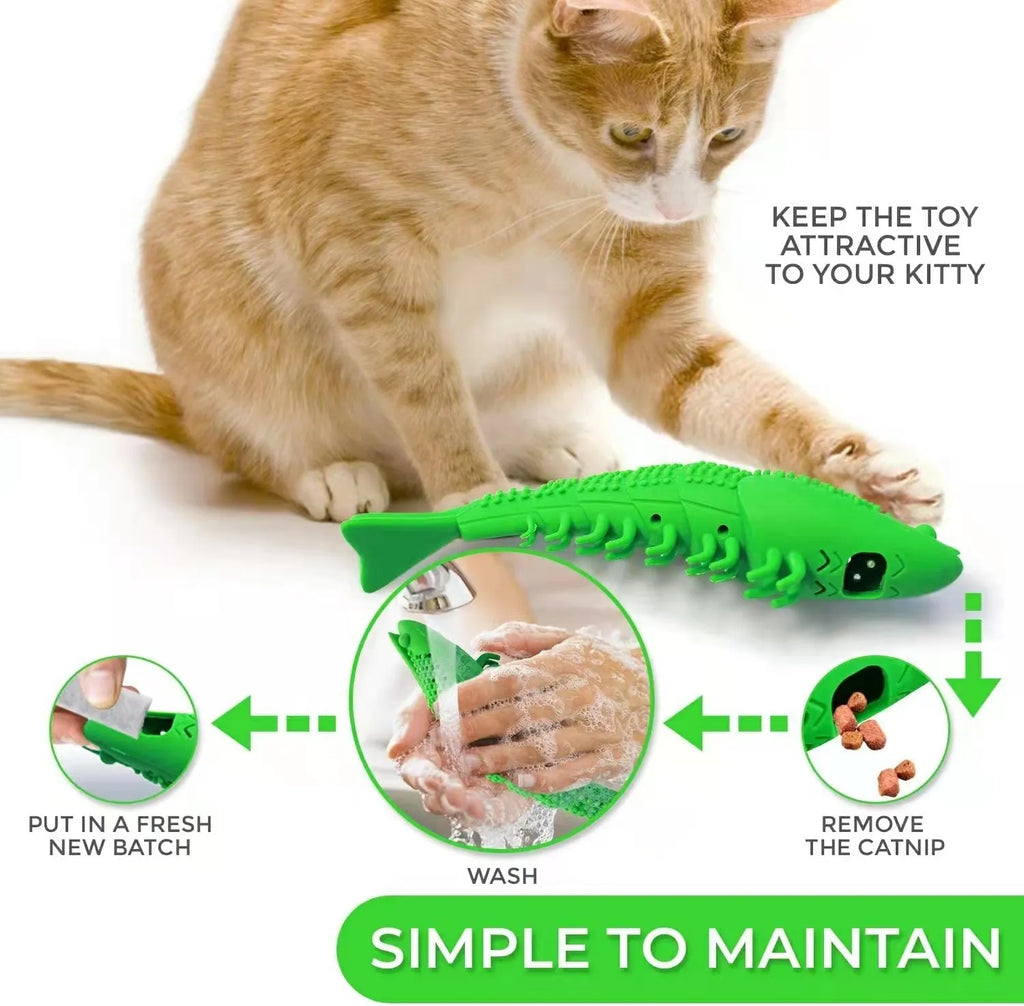 Blue hard rubber catnip toy with dental cleaning texture and bell inside