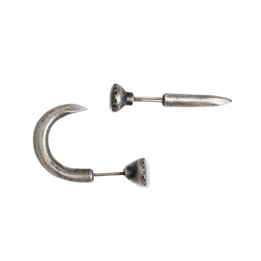 S925 sterling silver punk nail stud earring on an ear hook, showing straight and curved style options.