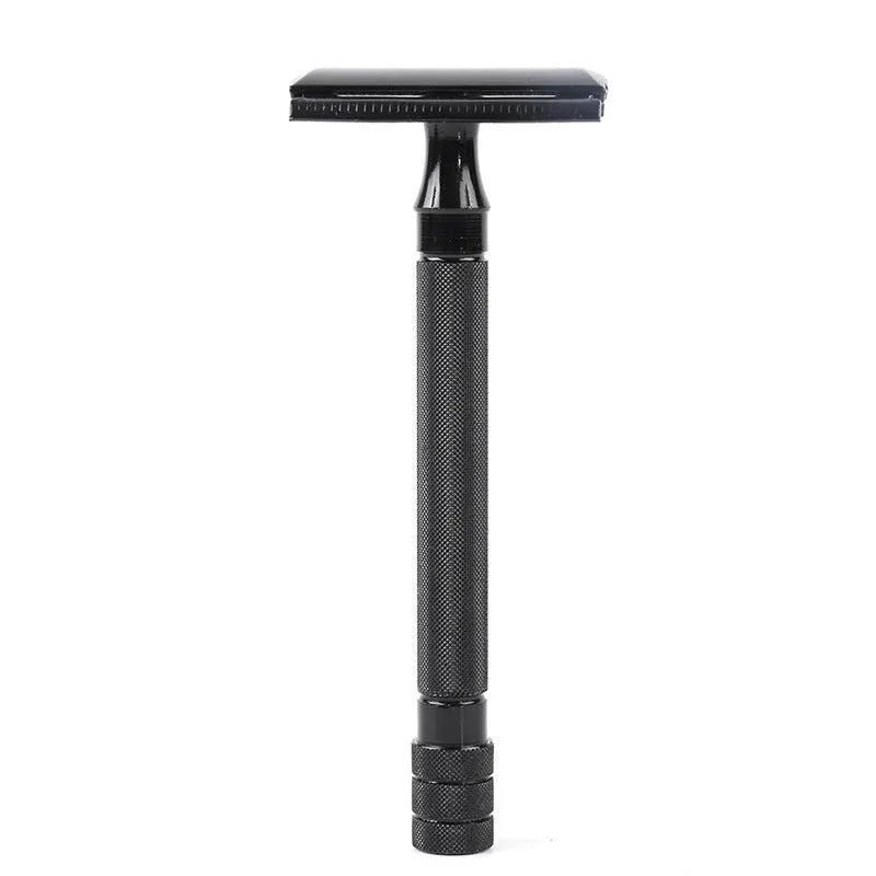 Traditional manual shaving metal scraper and brush set in black or silver for wet shaving