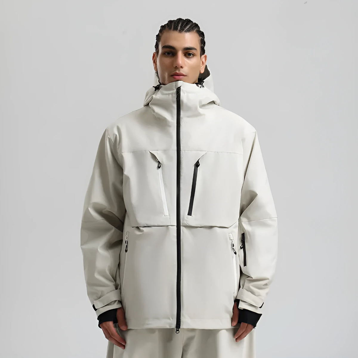 Waterproof padded breathable loose ski coat in khaki, front view, unisex design for snow sports