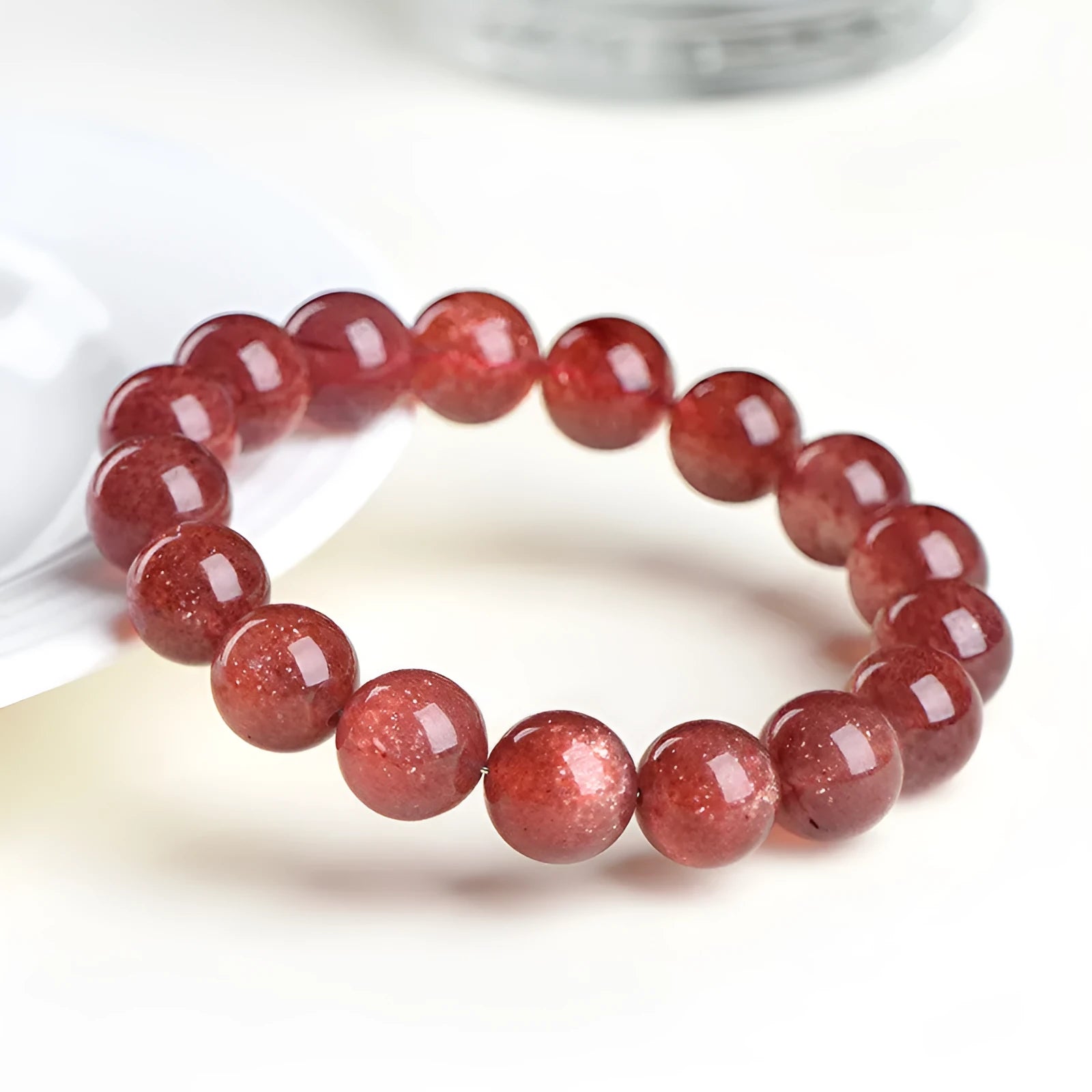 Natural strawberry quartz crystal bracelet with geometric red beads in three size options