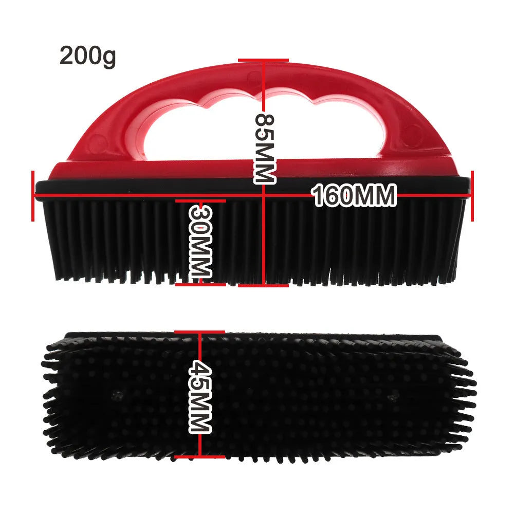 Red curved-handle pet hair removal brush for bath massage and carpet cleaning.