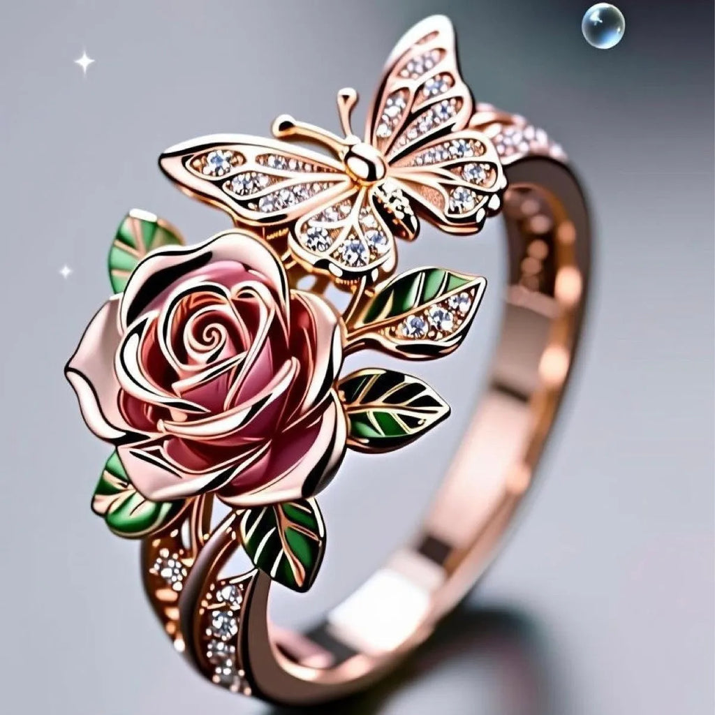Adjustable butterfly ring with colourful oil drip design featuring floral and insect motifs