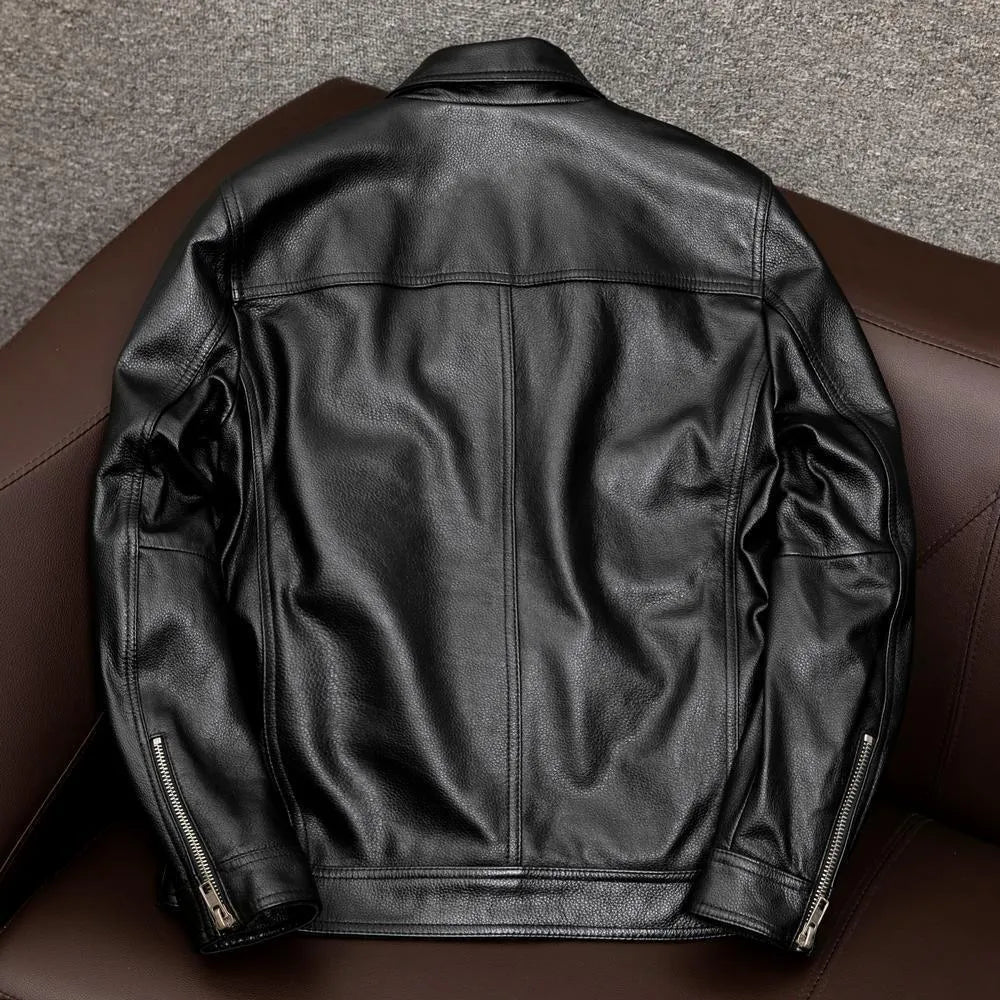 Men's retro pattern PU leather jacket in black with side pockets and loose fit