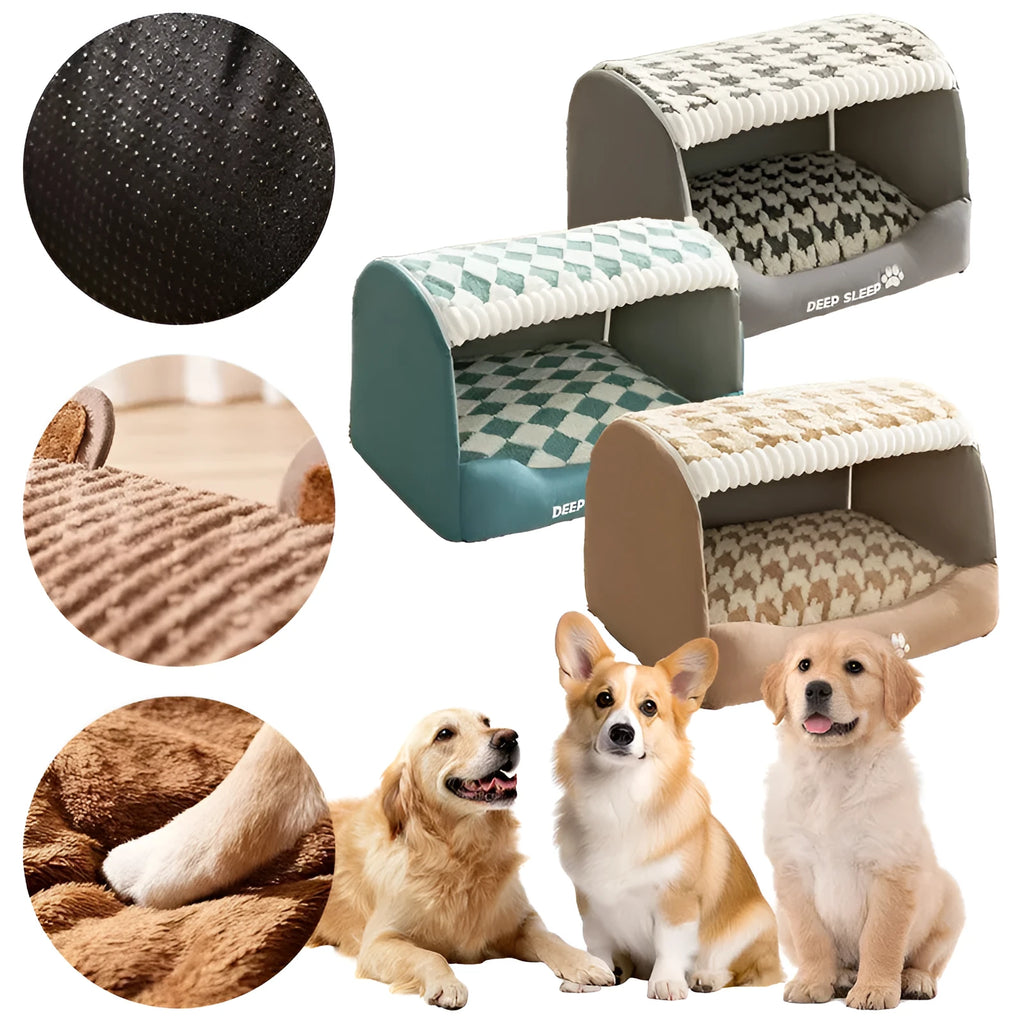 Small dog cave bed with three-dimensional bear design, jacquard pea velvet, and removable nest in various colours.