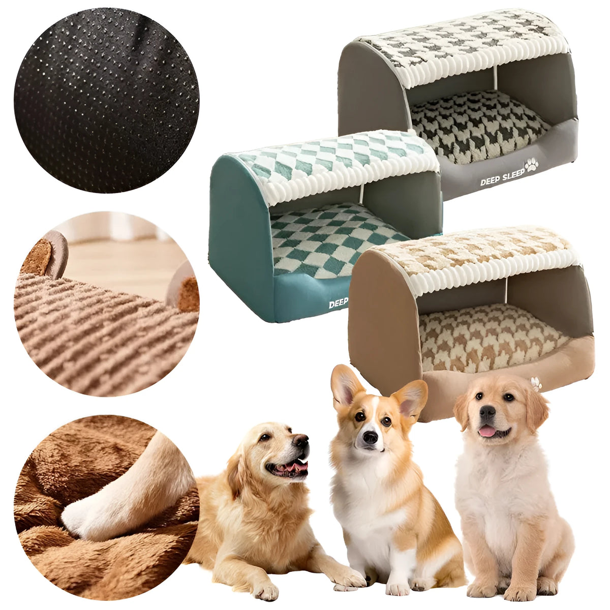 Small dog cave bed with three-dimensional bear design, jacquard pea velvet, and removable nest in various colours.