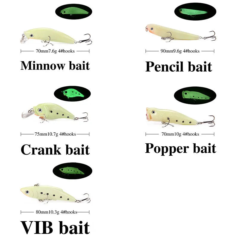 Set of five 3D fluorescent simulation hard bait fishing lures with luminous elements