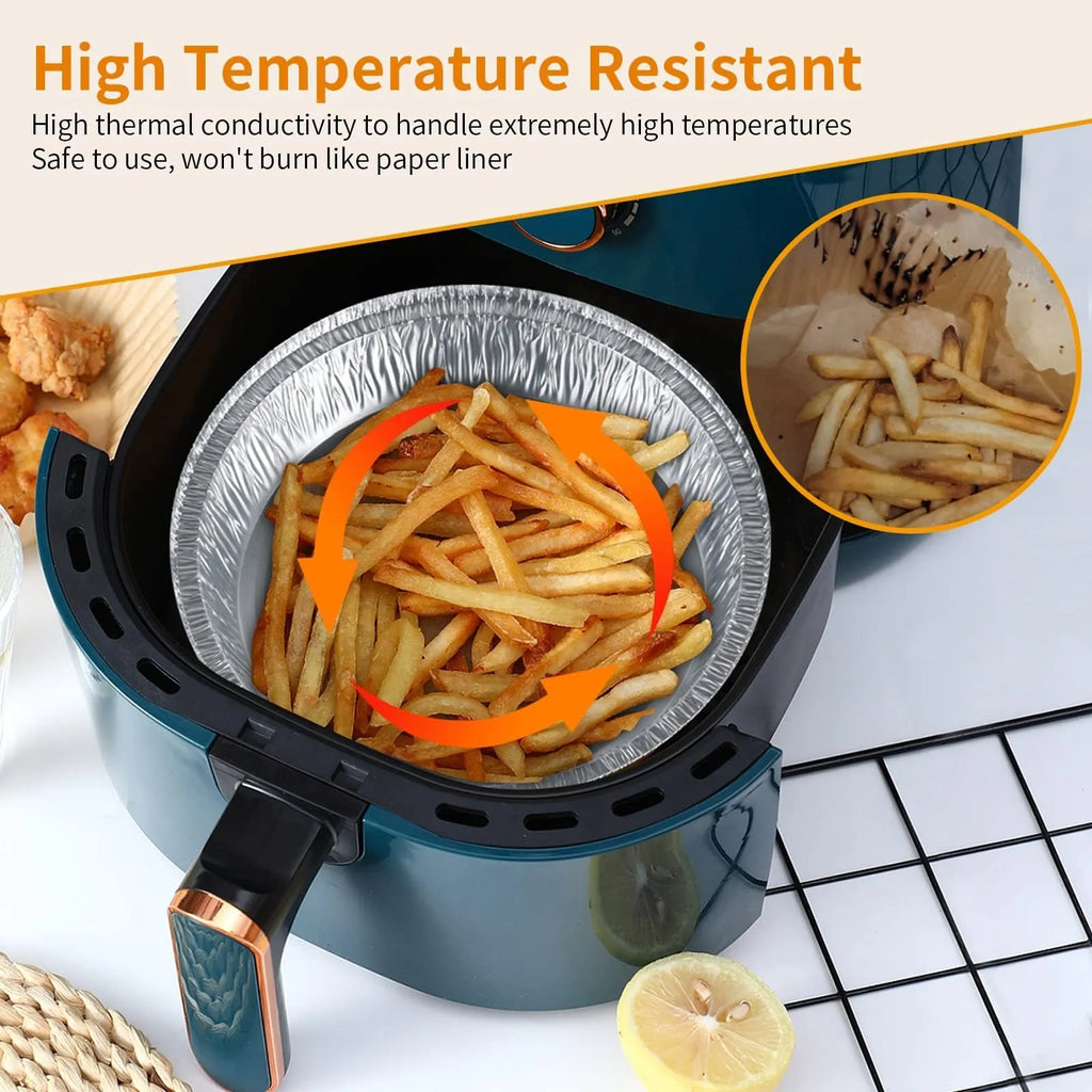 Round aluminium foil air fryer liner with 4 cm deep edge, non-stick and oil-proof, available in 14.5 cm to 23 cm diameters
