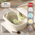 Beige and light pink plastic shampoo basin set for bed use with pump, pillow, and brush.