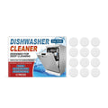 Pack of 12 white dishwasher cleaning tablets with ingredients sodium bicarbonate and citric acid