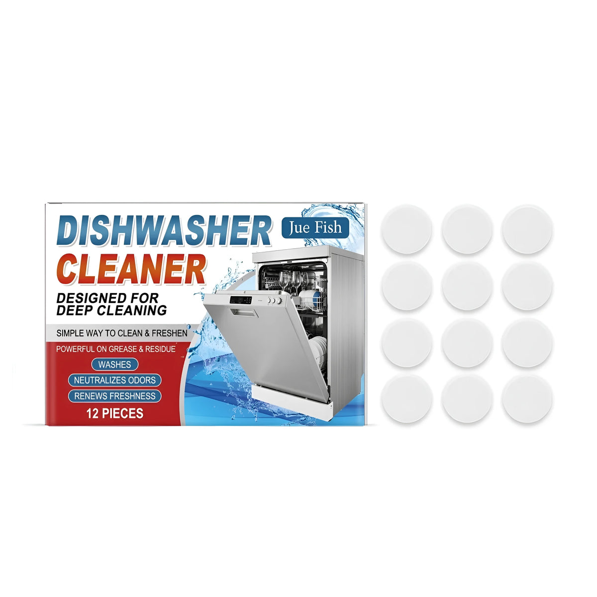 Pack of 12 white dishwasher cleaning tablets with ingredients sodium bicarbonate and citric acid