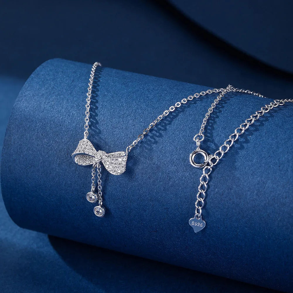 S925 sterling silver bow clavicle chain necklace with adjustable 40cm-45cm O-ring chain and electroplated finish