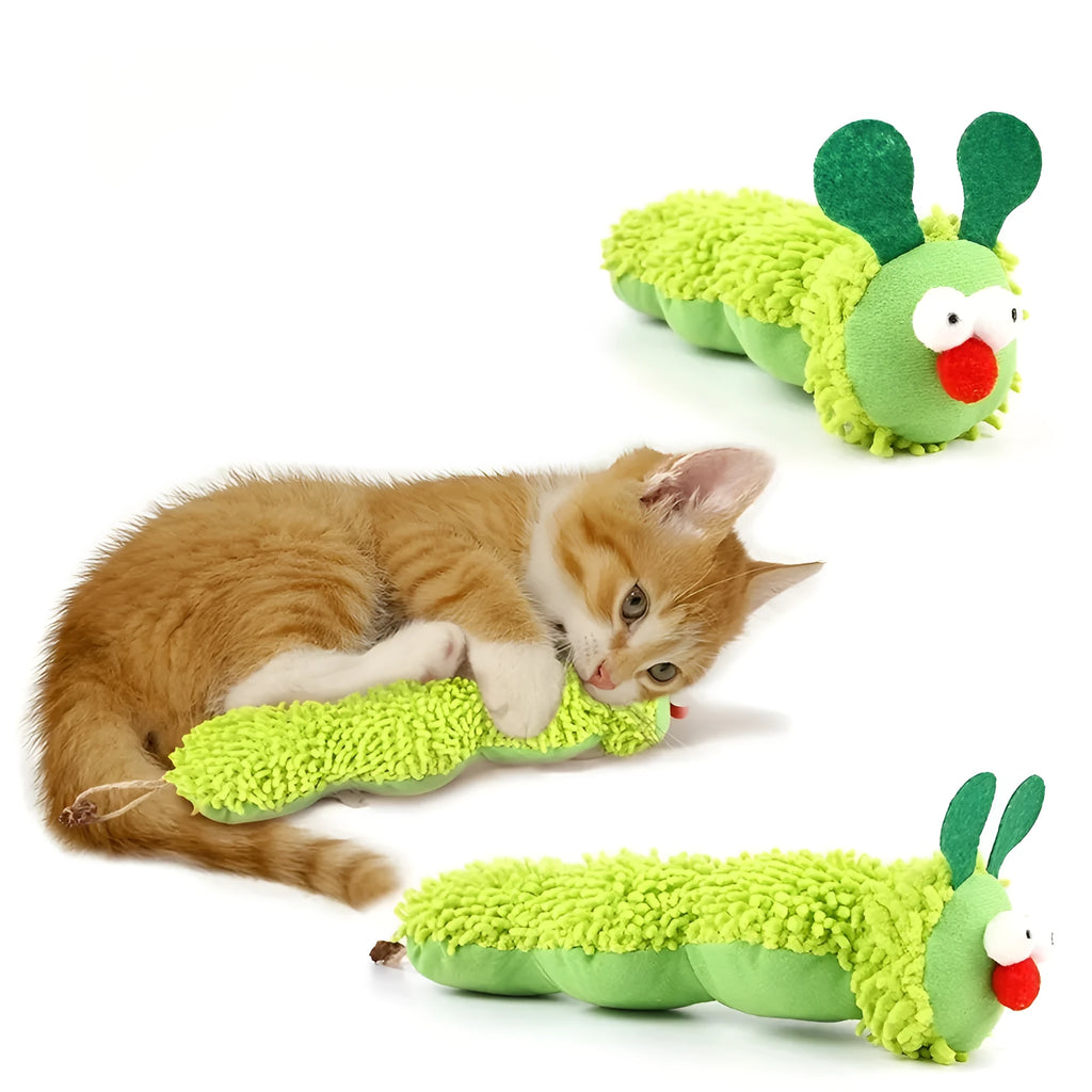 Green interactive plush cat toy pillow with rechargeable electronics.