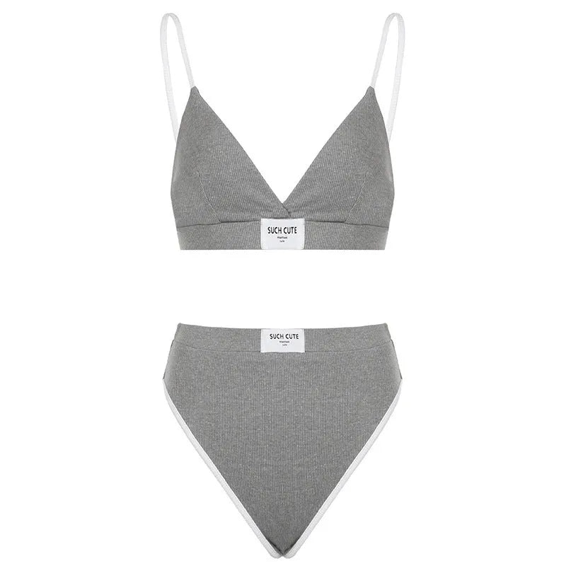 Women's grey embroidered bikini set with contrast binding letters on polyester fabric