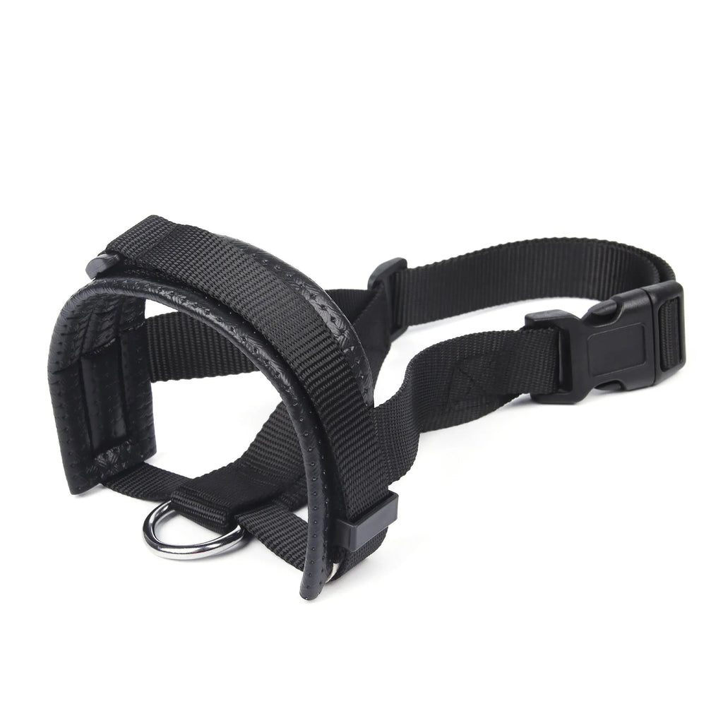 Adjustable dog muzzle with soft foam padding and strap, shown in size S, M, L, or XL.