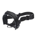 Adjustable dog muzzle with soft foam padding and strap, shown in size S, M, L, or XL.