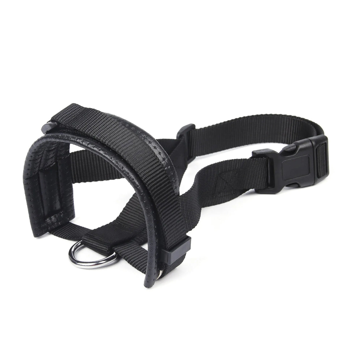 Adjustable dog muzzle with soft foam padding and strap, shown in size S, M, L, or XL.