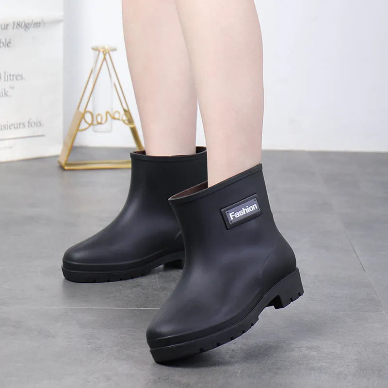 Women's mid-calf rain boots in black and brown with low heel and warm lining options