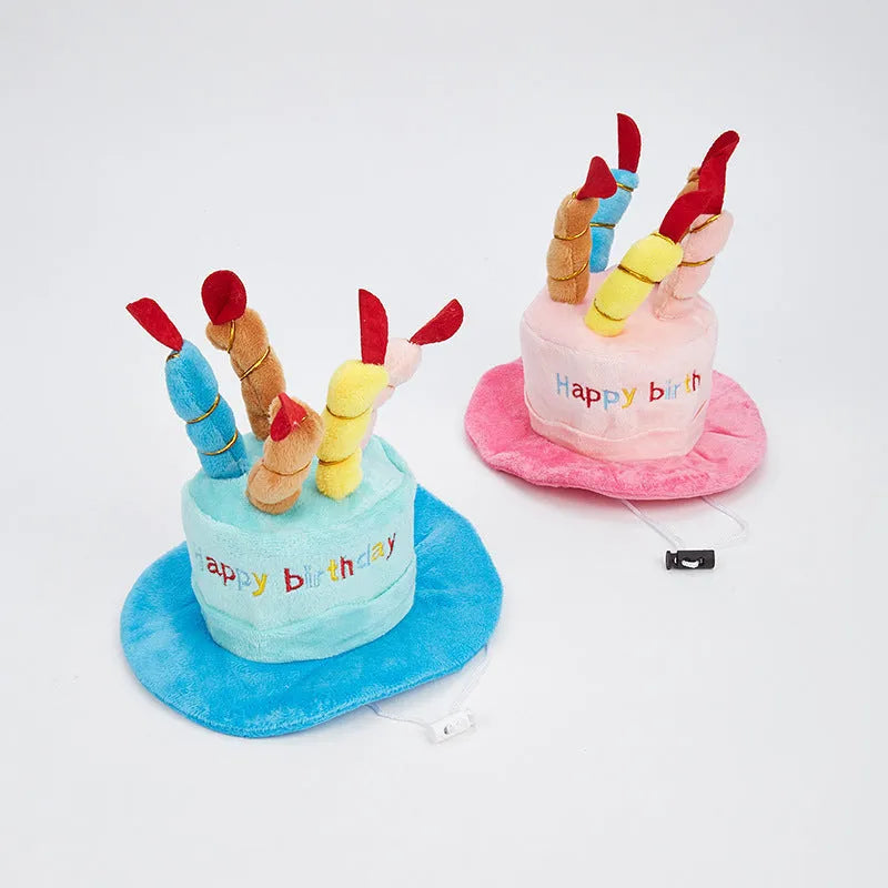 Cute pink and blue birthday hats for small dogs, shown with size scale.