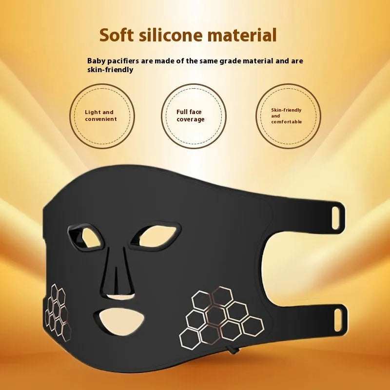 Black LED photon beauty mask with neck extension showing four-colour light therapy panels