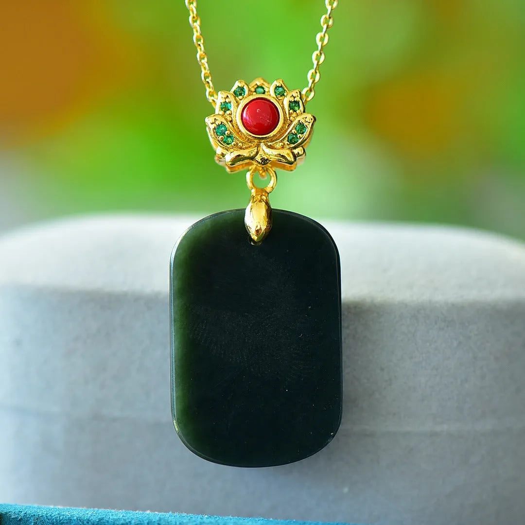 Natural Hetian jade pendant with copper inlay in ink blue colour on necklace chain