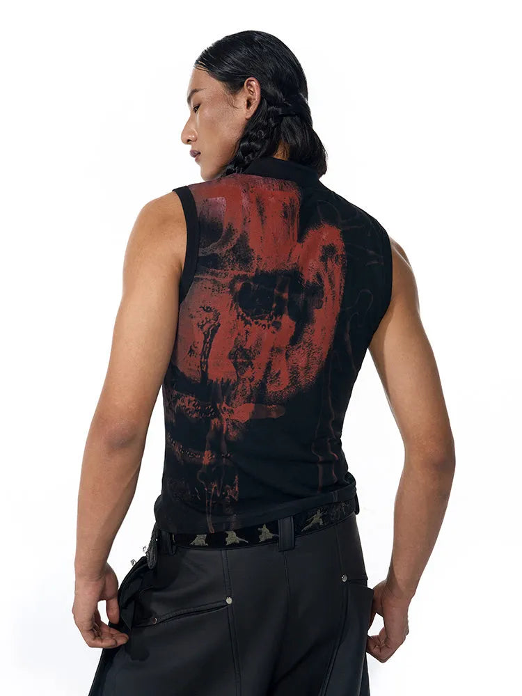 Black half turtleneck slim-fit sleeveless T-shirt with character pattern print