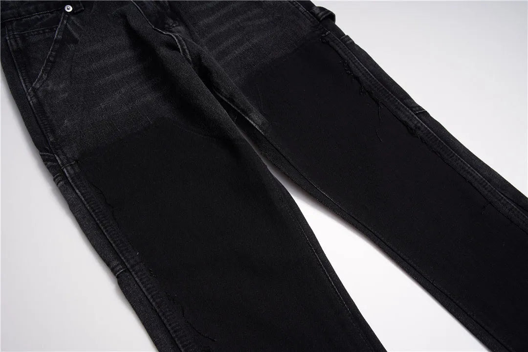 Black micro flared patchwork jeans with raw edge seams and loose straight tube leg, sizes S to 2XL