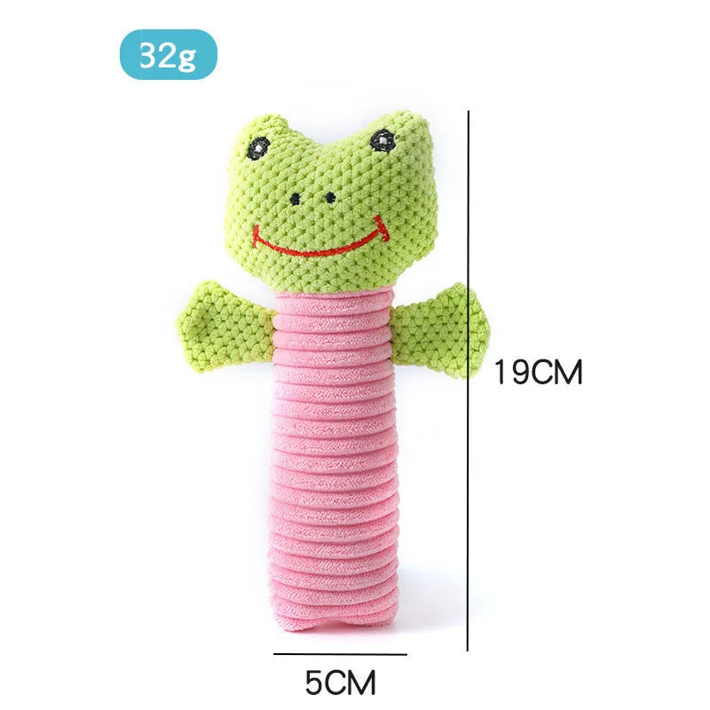 Dog squeaky chew toy shaped like a stuffed animal, 19cm long, for teeth cleaning and play.