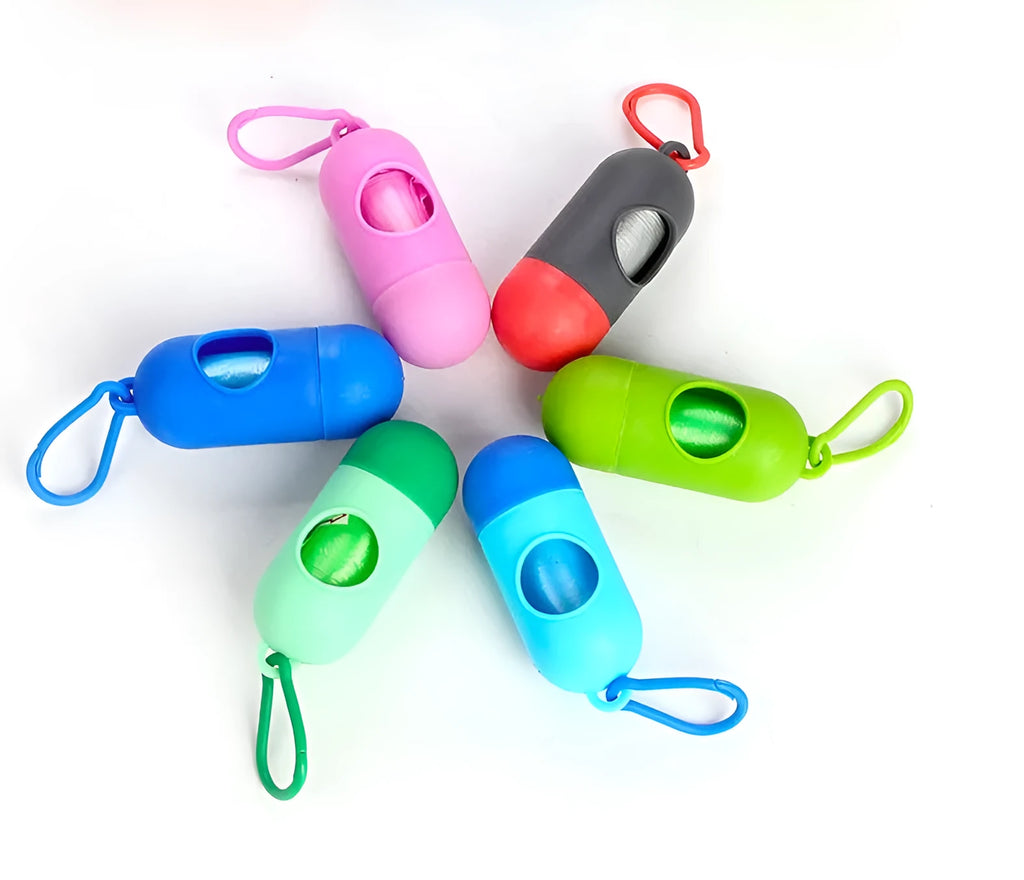 Pack of coloured pet waste bags for dogs, shown with dimensions 22.5cm by 30cm.
