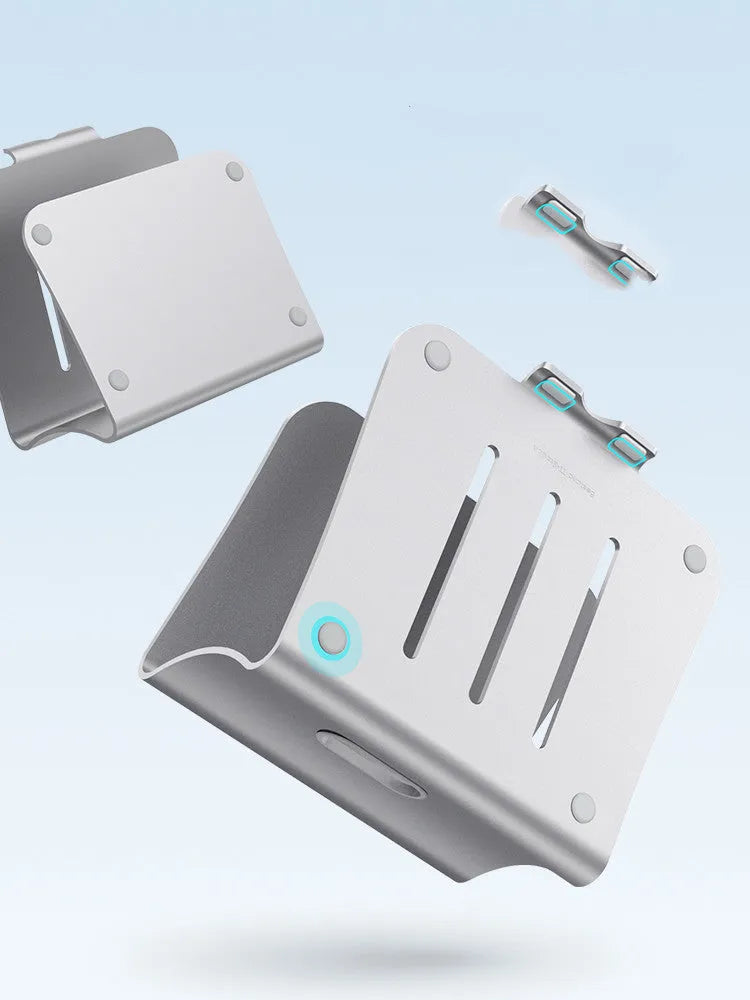 Aluminium laptop cooling bracket in grey or silver with rotary adjustability for mounting fans.