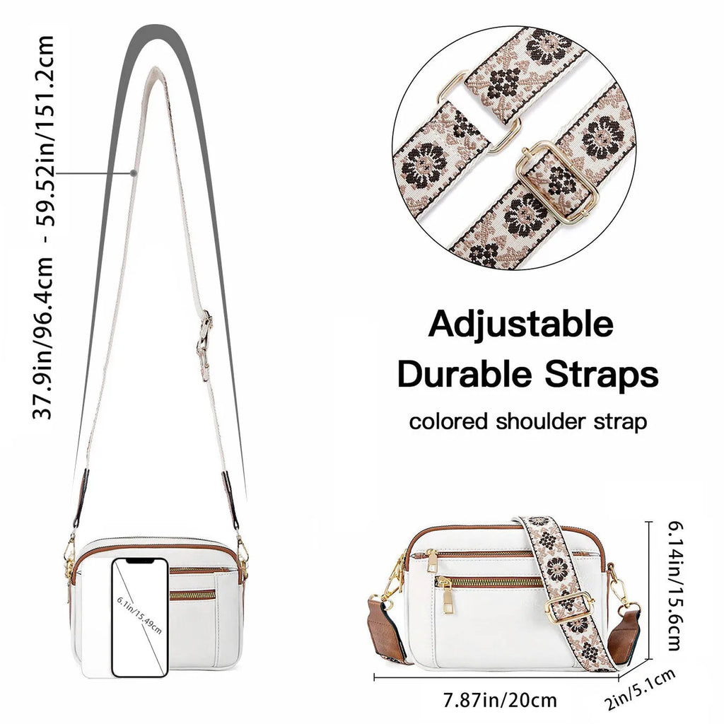 Triple-zipper colourblock crossbody bag with floral embroidered strap for women