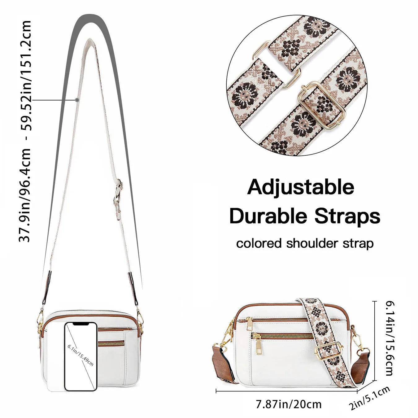 Triple-zipper colourblock crossbody bag with floral embroidered strap for women
